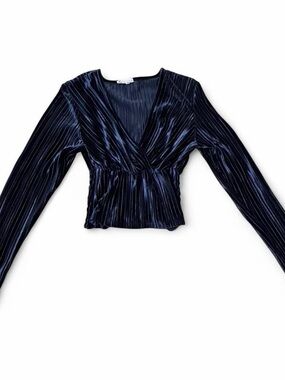 Olive & Oak Navy Pleated Velvet Wrap Long-Sleeve Top